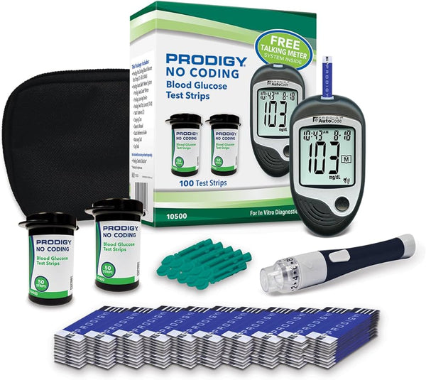 Glucometro Prodigy, kit para el monitoreo de la glucosa.
