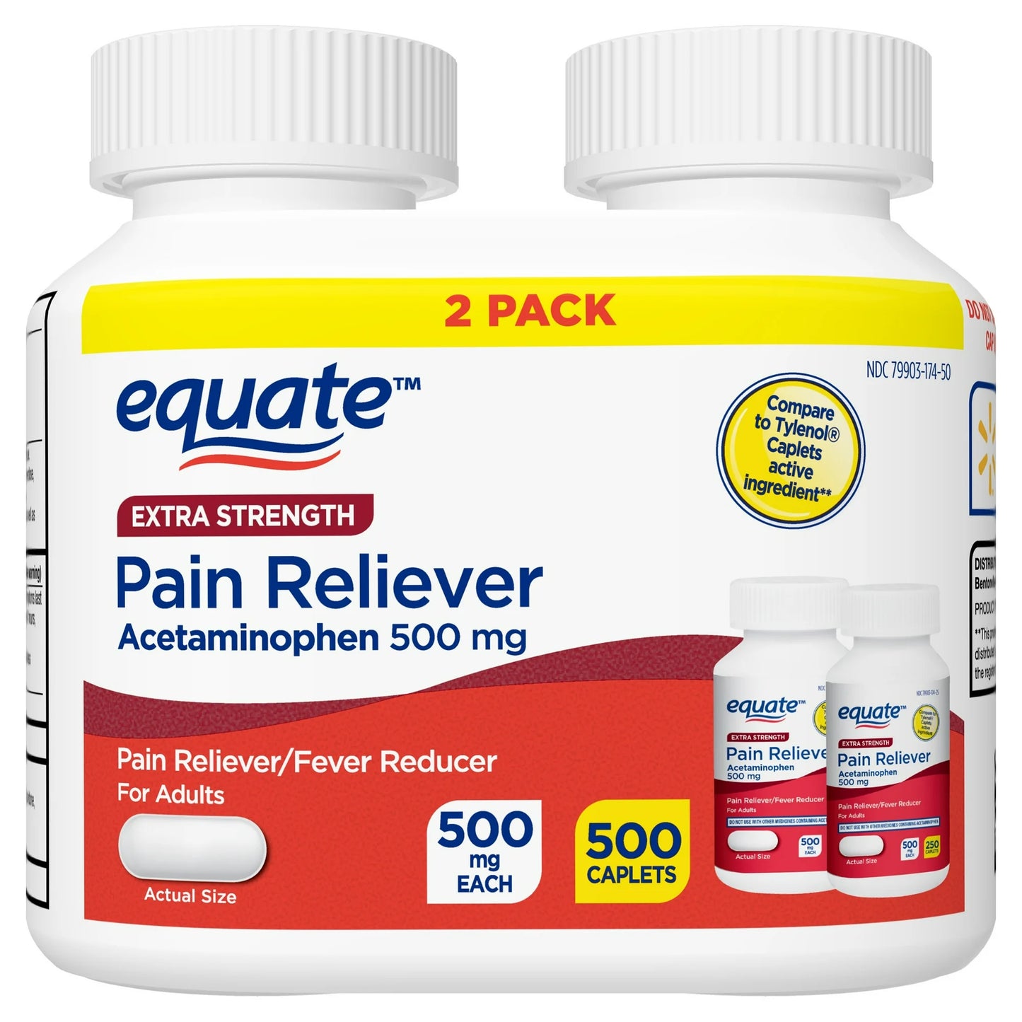 Equate Cápsulas de Acetaminofén Extra Fuerte, 500 mg, 250 Unidades, Paquete de 2