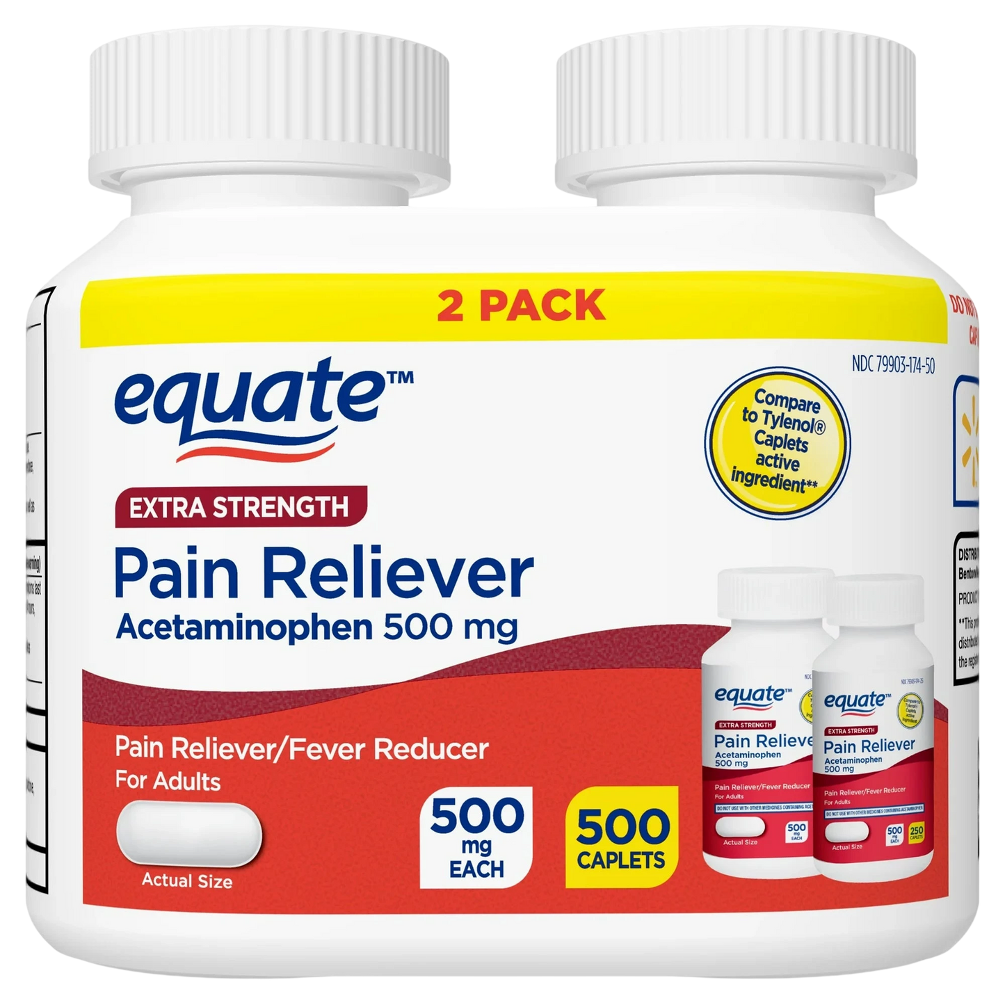 Equate Cápsulas de Acetaminofén Extra Fuerte, 500 mg, 250 Unidades, Paquete de 2
