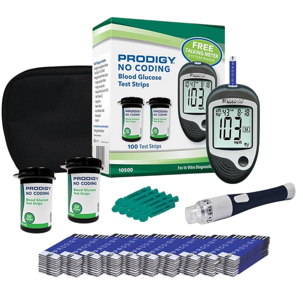 Glucometro Prodigy, kit para el monitoreo de la glucosa.