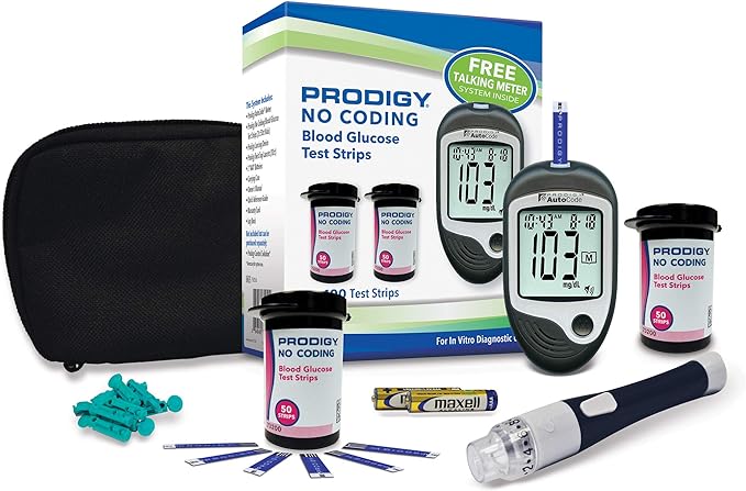 Glucometro Prodigy, kit para el monitoreo de la glucosa.